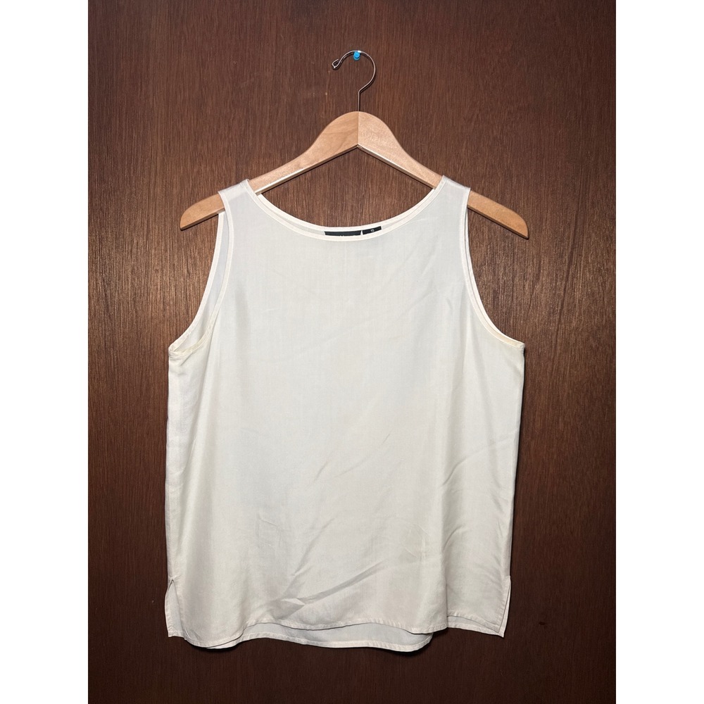 Eileen Fisher Ivory Silk Sleeveless Shell Tank Top Round Neck Side Slits Size 10